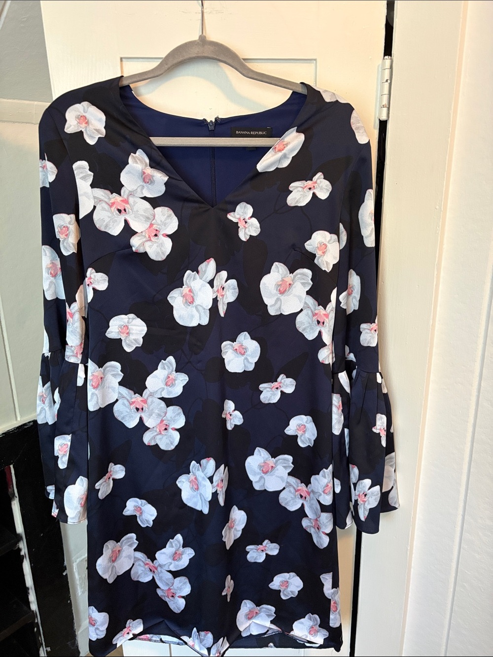 Banana Republic Navy Floral V-Neck Long-Sleeve Dress with Bell Cuffs